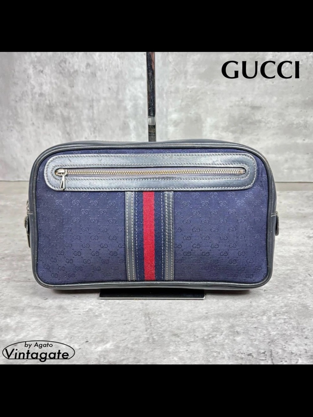 Gucci Blue Canvas Toiletry Case with Signature Red-Blue Stripe
